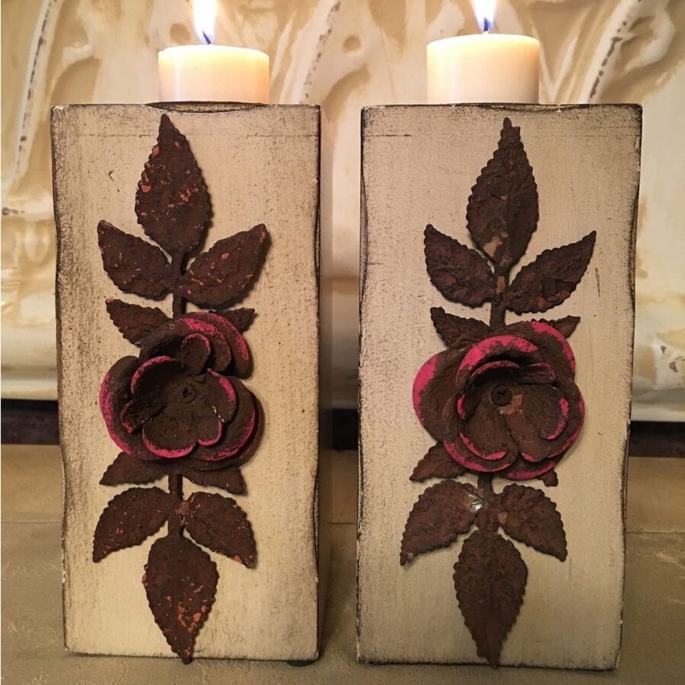 Metal and wood decorative candle holders